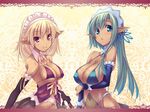  bikini_top blonde_hair blue_eyes breasts cleavage covered_nipples dark_elf dark_skin detached_sleeves elf green_hair large_breasts long_hair multiple_girls original pointy_ears shimakaze 