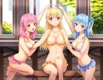  3girls :d arm_hug arm_up bang_dream! bangs bare_arms bare_shoulders bench bikini bikini_skirt blonde_hair blue_bikini blue_hair blurry blush breasts cleavage closed_mouth collarbone cowboy_shot day depth_of_field eyebrows_visible_through_hair frown hair_between_eyes hair_ribbon half_updo hand_holding holding indoors interlocked_fingers knee_up long_hair looking_at_viewer lunacle maruyama_aya matsubara_kanon medium_breasts multiple_girls navel one_side_up open_mouth pink_bikini pink_eyes pink_hair purple_eyes ribbon shirasagi_chisato sidelocks sitting smile standing stomach swimsuit tree window yellow_bikini 