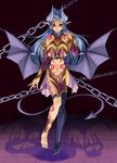 barefoot bat_wings blue_hair breasts chain cleavage demon_girl demon_tail floating horns kenkou_cross large_breasts low_wings midriff monster_girl monster_girl_encyclopedia official_art pointy_ears single_thighhigh solo succubus succubus_(monster_girl_encyclopedia) tail thighhighs wings 