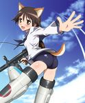  animal_ears ass brown_hair fox_ears gun looking_back machine_pistol md5_mismatch miyafuji_yoshika norizou panties solo strike_witches striker_unit tail underwear weapon wolf_tail world_witches_series yellow_eyes 