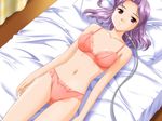  bed bra brown_eyes cable game_cg kimiwo lingerie lying non-web_source panties purple_hair rocket_no_natsu short_hair solo underwear underwear_only 