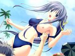  beach bikini blue_eyes blue_hair breasts day game_cg henshin_a_la_maid hiiragi_miyane igul medium_breasts navel nipples open_mouth outdoors palm_tree sky solo swimsuit swimsuit_pull tree 