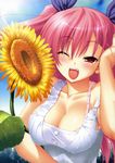  absurdres bra breasts chu_x_chu_idol chua_churam cleavage fangs flower highres large_breasts lingerie one_eye_closed open_mouth ozawa_akifumi pink_bra pink_eyes pink_hair shirt smile solo sunflower taut_clothes taut_shirt underwear upper_body 