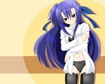  angry blush bra dress_shirt ginga_nakajima green_eyes kagura_yuuto lingerie long_hair lyrical_nanoha mahou_shoujo_lyrical_nanoha_strikers open_clothes open_shirt panties purple_hair shirt thighhighs underwear wallpaper 