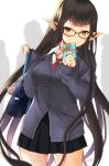  1girl 2019 bag bangs bespectacled black-framed_eyewear black_hair black_skirt blue_cardigan blush breasts cardigan collared_shirt contemporary diagonal-striped_neckwear diagonal_stripes fate/apocrypha fate_(series) gift glasses hijiri_ruka holding holding_gift long_hair long_sleeves looking_at_viewer medium_breasts pleated_skirt red_neckwear school_bag semiramis_(fate) shirt signature skirt sleeves_past_wrists solo striped striped_neckwear very_long_hair white_background white_shirt yellow_eyes 