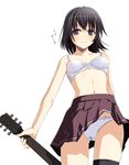  bangs bare_arms bare_shoulders black_hair black_legwear black_skirt blue_eyes blush bra breasts cameltoe collarbone cowboy_shot from_below guitar holding holding_instrument instrument kazumasa lingerie navel original panties pantyshot pleated_skirt shiny shiny_skin short_hair single_thighhigh skirt small_breasts smile solo thighhighs underwear white_bra white_panties wind wind_lift 