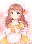  1girl animal_ears apron bangs blush breasts brown_eyes brown_hair bunny_ears caramel_(caramelmilk) closed_mouth commentary_request eyebrows_visible_through_hair floppy_ears frilled_apron frills hair_ribbon hand_up long_hair looking_at_viewer maid maid_headdress orange_neckwear orange_ribbon original pleated_skirt puffy_short_sleeves puffy_sleeves ribbon sailor_collar shirt short_sleeves skirt small_breasts smile solo waist_apron white_apron white_sailor_collar wrist_cuffs yellow_shirt yellow_skirt 