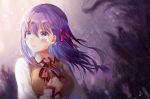  1girl bangs blush breasts brown_vest collared_shirt commentary_request crying crying_with_eyes_open eyebrows_visible_through_hair fate/stay_night fate_(series) hair_between_eyes hair_ribbon hand_up long_hair long_sleeves matou_sakura medium_breasts pink_ribbon purple_eyes purple_hair rain ribbon school_uniform shiro_kuma_shake shirt sleeves_past_wrists solo tears upper_body vest white_shirt 
