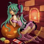  candy demon_wings food green_eyes green_hair halloween happy_halloween hatsune_miku jack-o'-lantern long_hair looking_back open_mouth panties pantyshot pumpkin purple_legwear solo striped striped_legwear striped_panties thighhighs twintails underwear vocaloid wings yayoi_(egoistic_realism) 