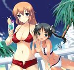  bad_id bad_pixiv_id beach bikini blue_hawaii blush breasts charlotte_e_yeager cloud day denim denim_shorts fang francesca_lucchini glass kyougoku_shin large_breasts long_hair multiple_girls navel ocean open_mouth outdoors palm_tree short_shorts shorts sky smile strike_witches swimsuit tan tree tropical_drink twintails unbuttoned world_witches_series 