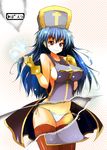  blue_hair blush breasts covered_nipples dragon_quest dragon_quest_iii gloves hat ippongui large_breasts long_hair mitre naked_tabard page_tear panties priest_(dq3) red_eyes revealing_cutout side-tie_panties sideboob solo tabard thighhighs underwear 