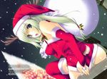  antlers bell blonde_hair blush breasts christmas copyright_request covering covering_ass dutch_angle elbow_gloves gloves hat holly iizuki_tasuku jpeg_artifacts large_breasts looking_at_viewer looking_back night night_sky open_mouth panties red_gloves santa_costume santa_hat sky snow solo striped striped_panties sweat tail thighhighs underwear 