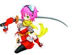  breasts fingerless_gloves gloves goggles gouma_reifuden_izuna green_eyes izuna katana large_breasts ninja pink_hair scarf short_hair solo sword weapon yoshida_on 