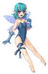  1girl aqua_hair bare_shoulders barefoot blue_gloves blush fairy feet gloves horns kenkou_cross kenkou_kurosu legs leotard lowres mamono_girl_lover monster_girl monster_girl_encyclopedia open_mouth pixie pixie_(mamono_girl_lover) purple_eyes short_hair solo wings 