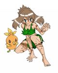  bad_id bad_pixiv_id barefoot blue_eyes colorized fang gen_3_pokemon leaf_bikini no_bandana no_headwear odamaki_sapphire pokemon pokemon_(creature) pokemon_special te_nori_taiga torchic 