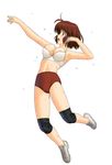  a1 areola_slip areolae bra breasts brown_eyes brown_hair buruma copyright_request jumping knee_pads large_breasts lingerie no_socks open_mouth solo sweat underwear 
