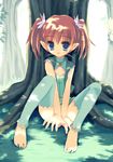  against_tree aqua_legwear artist_request barefoot blue_eyes bottomless brown_hair cleavage_cutout feet flat_chest flower hair_flower hair_ornament nature no_panties outdoors pointy_ears simoun sitting solo thighhighs tree twintails 