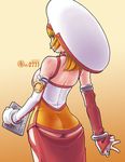  ass back blonde_hair breasts butt_crack cowboy_shot detached_sleeves dress gradient gradient_background hat holding kei_jiei large_breasts long_hair orange_(color) orange_background orange_hair original ravioli red_eyes revealing_clothes solo star stone_tablet 