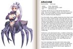  arachne arachne_(monster_girl_encyclopedia) blush breasts bug character_profile cleavage elbow_gloves english gloves hard_translated insect_girl kenkou_cross large_breasts long_hair midriff monster_girl monster_girl_encyclopedia official_art pointy_ears ponytail red_eyes silver_hair solo spider spider_girl text_focus translated 