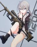  1girl absurdres artist_name backpack bag bolt_action cheytac_m200 girls_frontline gloves gun highres jacket looking_at_viewer m200_(girls_frontline) necktie no_pants open_clothes open_shirt rifle scope shirt side_ponytail silver_eyes silver_hair sniper_rifle socks solo tagme weapon xandier59 