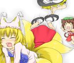  animal_ears blonde_hair brown_hair cat_ears cat_tail chen dive fox_tail hakurei_reimu hat haty kirisame_marisa kyuubi multiple_girls multiple_tails saliva tail tears touhou witch_hat yakumo_ran 