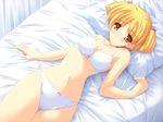  bed blonde_hair bra game_cg hoshiyama_aki lingerie lying matsushima_biwako_wa_kaizou_ningen_de_aru. non-web_source orange_eyes panties pillow short_hair short_twintails solo twintails underwear underwear_only yoshimura_kentaro 