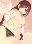  ahoge arima_senne bad_id bad_pixiv_id black_panties braid breasts brown_eyes brown_hair glasses highres kashiwamochi_yomogi large_breasts mole mole_on_breast mouth_hold navel no_bra original panties shirt_lift solo underboob underwear 