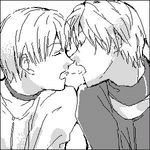  2boys aliasing cain galerians kiss lowres male_focus monochrome multiple_boys rion rion_(galerians) short_hair siblings simple_background twins white_background yaoi 