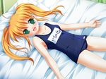  bed blonde_hair cameltoe fang game_cg green_eyes ichinose_marin long_hair lying name_tag non-web_source ojousama_kumikyoku one-piece_swimsuit pillow school_swimsuit solo swimsuit tatsumi_neon twintails 