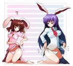  ? animal_ears barefoot breasts bunny_ears dress dress_lift dress_shirt impossible_clothes impossible_dress inaba_tewi ippongui long_hair medium_breasts multiple_girls panties purple_hair red_eyes reisen_udongein_inaba shirt side-tie_panties skirt skirt_lift skirt_pull striped striped_background striped_panties thighs touhou tying underwear undressing untied 