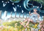  1girl absurdres aqua_eyes aqua_hair bangs barefoot collarbone dress dutch_angle eyebrows_visible_through_hair feet floating_hair flower full_body grass hatsune_miku highres long_hair outdoors scrunchie sky solo star_(sky) starry_sky swing swinging tree twintails very_long_hair vocaloid white_dress yue_yue 