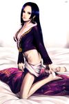  bad_id bad_pixiv_id barefoot bed blue_hair boa_hancock breasts cleavage earrings itori_(clarice_note) jewelry legs lips lipstick long_hair long_sleeves makeup medium_breasts no_panties one_piece realistic solo undressing 