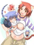  animal_ears bandaid between_breasts blue_hair blush bow breasts cat_ears cat_tail chain collar fang groping hair_ornament hairclip hand_under_clothes heart large_breasts long_hair midriff multiple_girls navel o_o open_clothes original red_hair shiina_you_(tomoshibi) short_hair shorts siblings striped tail twins valentine yellow_eyes 