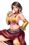  1girl breasts brown_eyes brown_hair earrings elbow_gloves gloves jewelry large_breasts midriff nail_polish navel purple_nails short_hair solo tekken zafina_(tekken) 