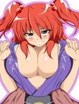  blush breast_lift breasts hair_bobbles hair_ornament huge_breasts naughty_face onozuka_komachi open_clothes open_shirt red_hair shirt smile solo touhou two_side_up zefyu 