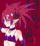  1girl choker disgaea earrings elbow_gloves etna female flat_chest gloves highres jewelry makai_senki_disgaea motoi_hiroumi parted_lips pointy_ears red_background red_hair simple_background skull_earrings solo twintails 