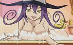  bath bathtub blair breasts bubble_bath hat highres medium_breasts purple_hair rubber_duck solo soul_eater vector_trace wallpaper witch witch_hat yellow_eyes 