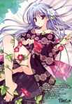  absurdres barefoot blue_hair breasts cleavage feet flower hair_flower hair_ornament highres japanese_clothes kimono legs long_hair looking_at_viewer lying medium_breasts muririn off_shoulder on_back original parted_lips plant purple_eyes scan solo vines 