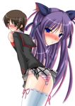  1girl animal_ears bad_anatomy blue_eyes blush bob_cut brown_eyes brown_hair bulge cat_ears crossdressing izumi_yayoi little_busters! long_hair naoe_riki otoko_no_ko panties pink_ribbon purple_hair ribbon sasasegawa_sasami school_uniform short_hair skirt smile striped striped_panties thighhighs underwear upskirt white_background 