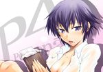  blush breasts chocolate chocolate_bar cleavage copyright_name large_breasts persona persona_4 purple_eyes purple_hair segami_daisuke shirogane_naoto short_hair solo tongue tongue_out white_chocolate 