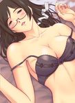  bra breasts brown_eyes brown_hair glasses holon large_breasts lingerie lying non-web_source r1 real_drive solo third-party_edit underwear 