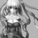  bad_id bad_pixiv_id bare_shoulders breasts chutona cleavage detached_sleeves dress greyscale large_breasts long_hair monochrome original ribbon solo twintails 