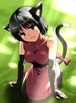  animal_ears bad_id bad_pixiv_id black_eyes black_hair cat_ears china_dress chinese_clothes copyright_request dress elbow_gloves fingerless_gloves gloves kneeling nyamota ribbon short_hair solo tail tail_ribbon thighhighs 