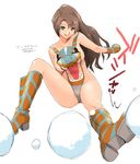  :q boots breasts brown_hair gloves green_eyes large_breasts long_hair monster_hunter ryouzou signature simple_background snowball solo tigrex tongue tongue_out 
