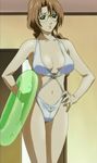  brown_hair glasses green_eyes green_innertube hands_on_hips highres innertube long_hair navel o-ring o-ring_swimsuit pink_lips screencap senjou_nanase solo stitched swimsuit third-party_edit white_swimsuit yumeria 