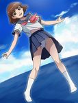  blue_drop brown_hair happy haruyama_kazunori midair ocean panties pantyshot pleated_skirt polka_dot polka_dot_panties school_uniform serafuku short_hair skirt socks solo underwear wakatake_mari 