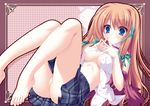  aquarian_age bare_legs barefoot blue_eyes blush brown_hair feet hair_ribbon legs_up long_hair lying mikagami_mamizu no_bra nozomi_yuuki on_back open_clothes open_shirt orange_hair panties pantyshot pantyshot_(lying) plaid plaid_skirt ribbon shirt skirt smile solo steepled_fingers tareme underwear 