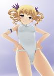  arm_garter blonde_hair drill_hair from_below hands_on_hips haoto_luna koihime_musou leotard lowres one-piece_swimsuit solo sousou swimsuit white_swimsuit 