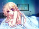  antenna_hair bed bed_sheet bedroom blonde_hair breasts game_cg hair_ornament hairclip highres indoors looking_at_viewer medium_breasts meri_chri mikagami_mamizu naked_sheet nude purple_eyes seiya_mashiro smile solo star star_hair_ornament under_covers 