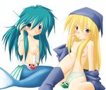  2girls aqua_hair blonde_hair blue_eyes breasts fins long_hair madou_monogatari mermaid monster_girl multiple_girls nude panties puyo puyopuyo seriri teal_hair underwear very_long_hair witch witch_(puyopuyo) 